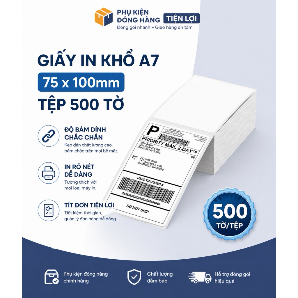 Giấy in nhiệt A7 500 tờ khổ 75*100mm 3 lớp chống chuyên dụng cho máy in nhiệt, In máy A318BT note tr