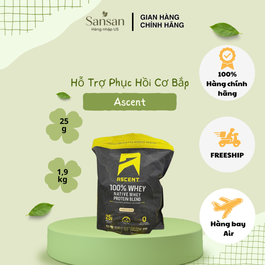 Hỗn hợp Protein Whey nguyên chất Ascent 100% Whey, Vanilla 1.9kg - Nội địa Mỹ