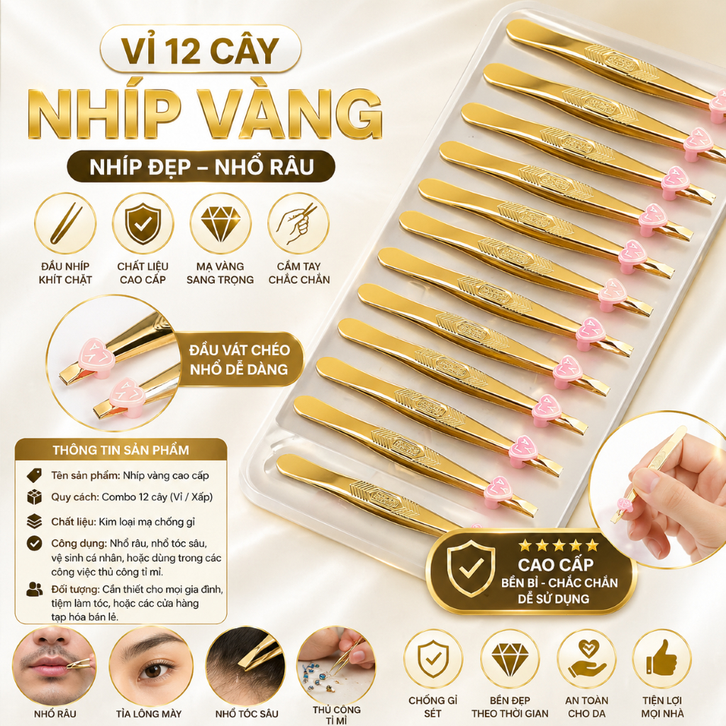 Vỉ 12 cây nhíp vàng - nhíp đẹp nhổ râu
