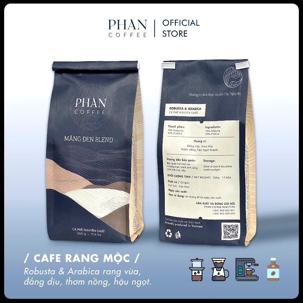 Cà phê MĂNG ĐEN BLEND Robusta & Arabica nguyên chất rang mộc đắng dịu thơm nồng pha phin, pha máy - 