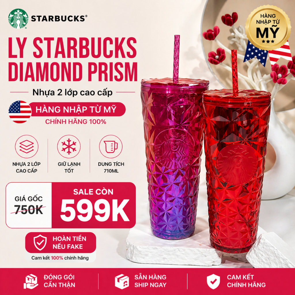 Ly Starbucks Diamond Prism Đỏ/Hồng 710ml Chính Hãng Mỹ – Ly Starbucks Nhựa Cắt Mặt Kim Cương Ánh Kim