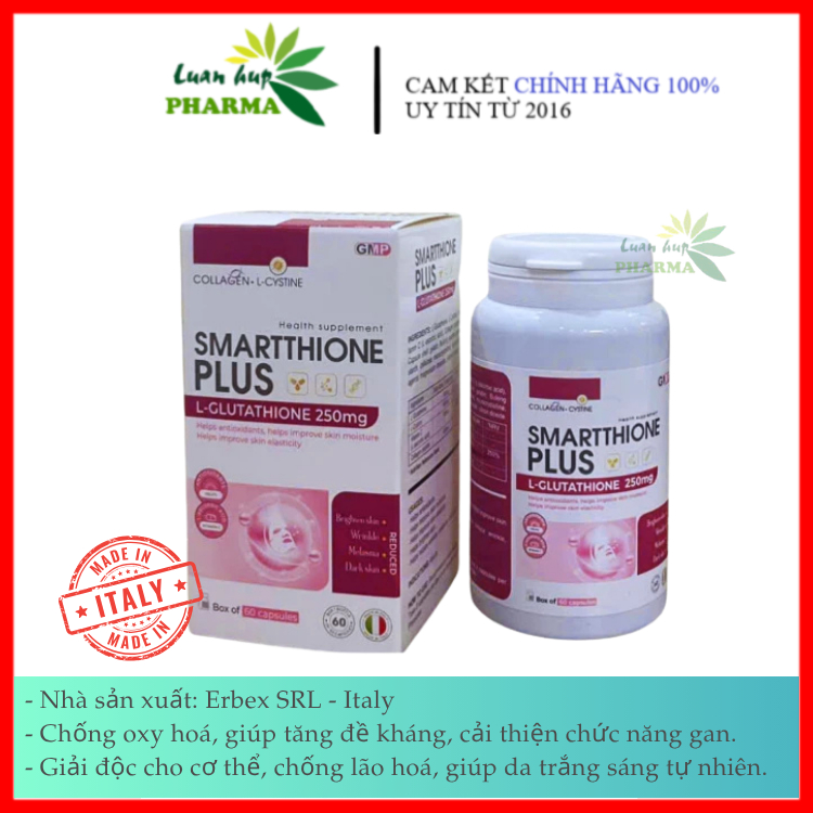 SMARTTHIONE Plus 60 Viên - Bổ sung L glutathione, L Cystine, Vtamin C, Collagen peptide ...