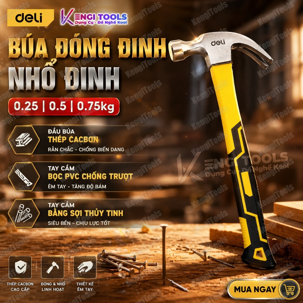 Búa Đóng, Nhổ Đinh Deli - Đầu Tròn & Uốn Cong, Tay Cầm Chắc Chắn - EDL5001 (0.25kg), EDL5002 (0.5kg)