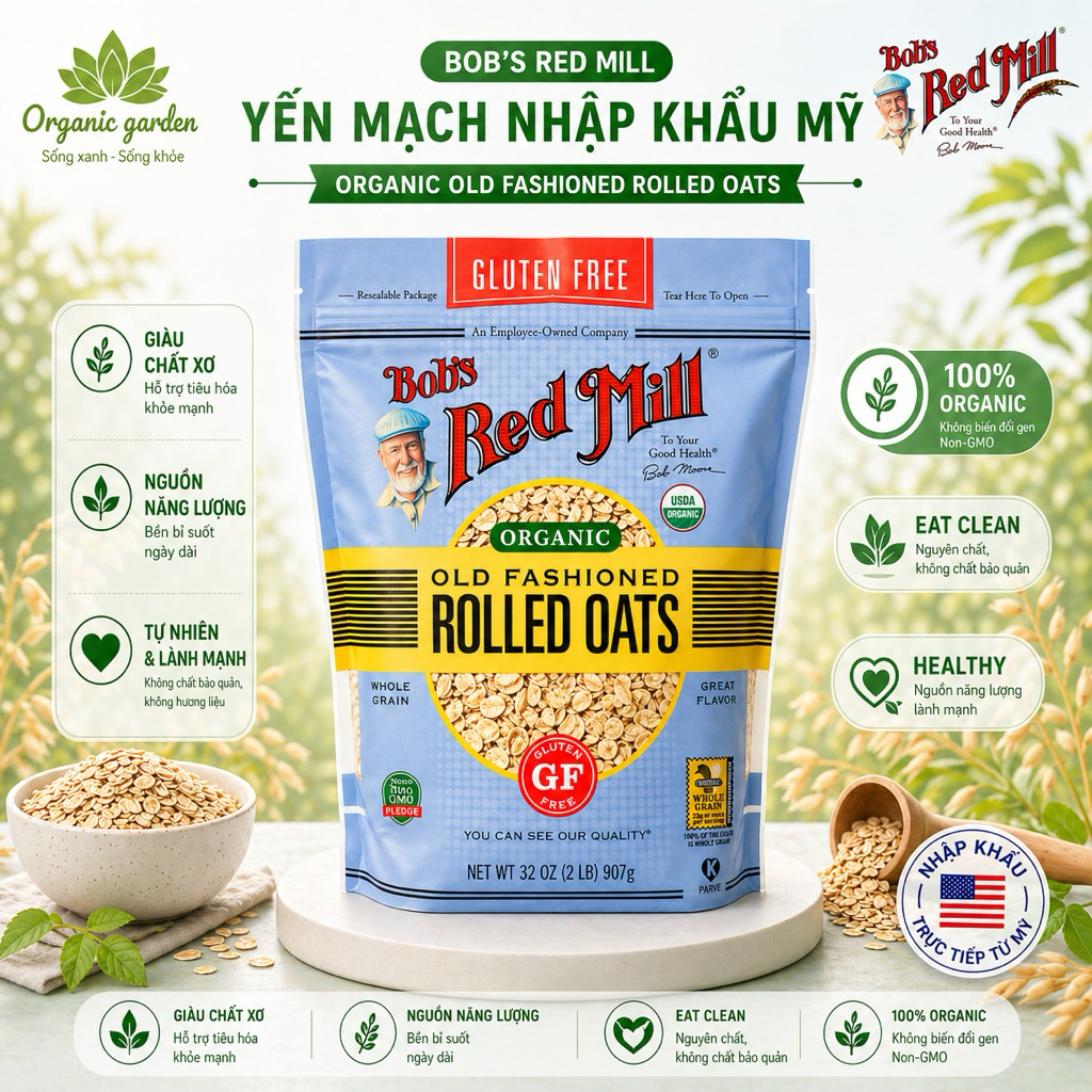 Yến mạch hữu cơ cán vừa không chứa Gluten Bob's Red Mill 907gr - Gluten Free Organic Rolled Oats