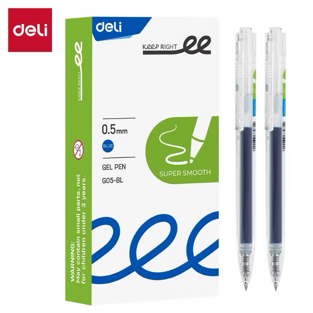 Hộp 12 Bút Gel Bấm Siêu Trơn Deli G05-BL màu xanh G05-BK màu đen Ngòi 0.5mm - Mực nhanh khô, ra đều
