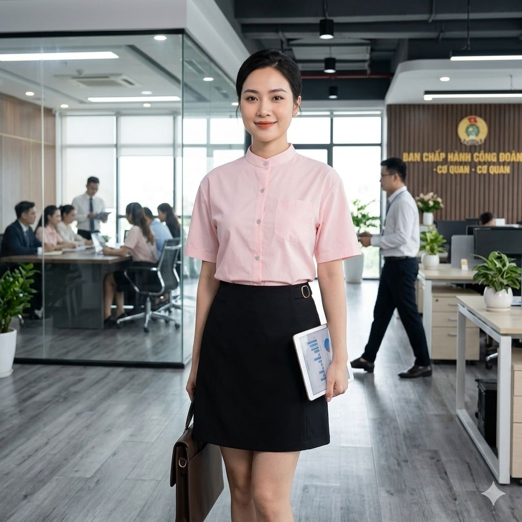 set công sở sơmi cổ trụ, chân váy Evi's sz S