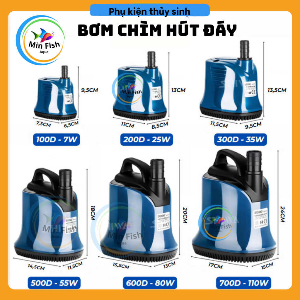 Máy Bơm Chìm Hút Đáy 360 độ chạy êm, hạn chế tiếng ồn SOBO WP-100D, WP-200D, WP-300D, WP-500D, WP-70