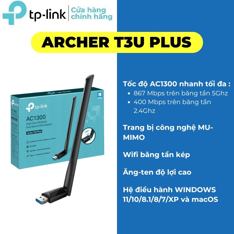 Bộ Thu Sóng Wifi USB TPLink Archer T3U Plus Băng Tần Kép Chuẩn AC1300 Tốc độ 1300Mbps
