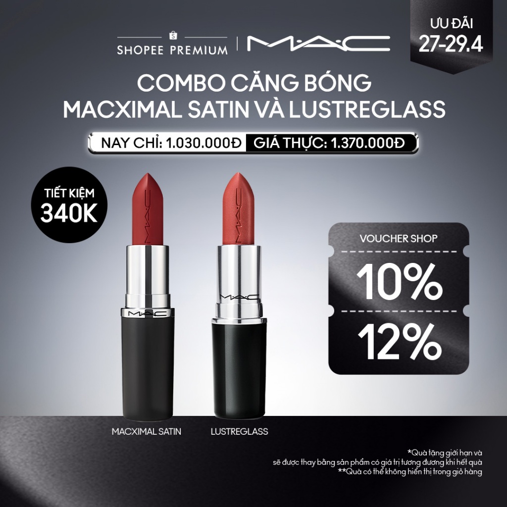 [ĐỘC QUYỀN 27-29.4] MAC - Bộ 2 món: Son MACximal Sleek Satin, MAC Lustreglass Sheer Shine Lipstick