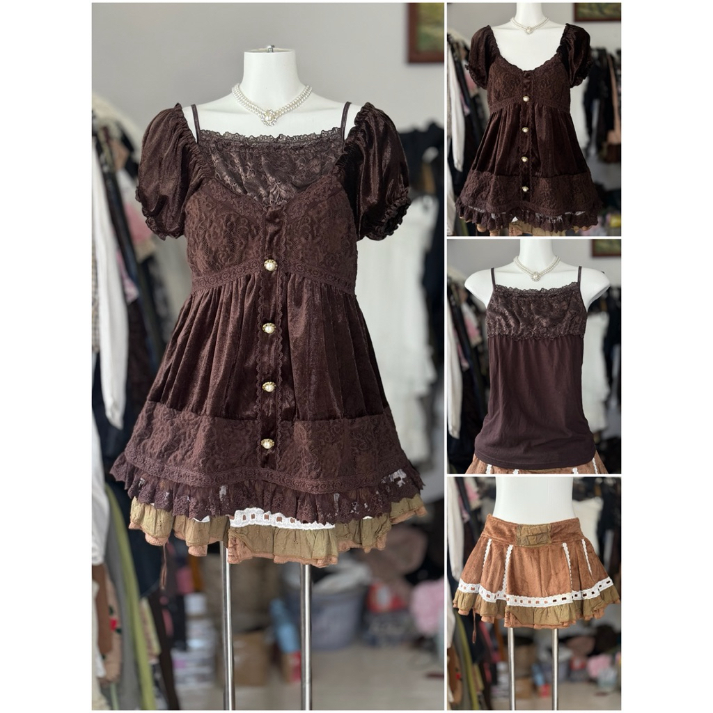 [2hand_thrift] Set 3 món: áo nhung LIZ LISA phối ren bản hiếm M, áo hai dây cotton M, quần váy MUSSA