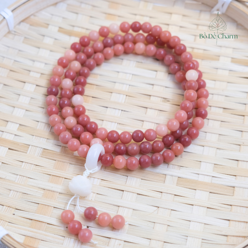 Chuỗi 108 hạt Bồ Đề màu hồng 8mm mix sen | Bồ Đề Charm | Chuỗi hạt Bồ Đề đeo tay 108 hạt 8ly