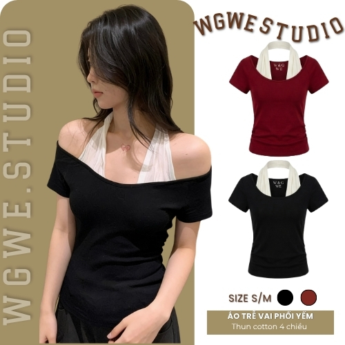 Áo Thun Trễ Vai Nữ WGWE Studio Phối Yếm Ôm Body – Áo Kiểu Hàn Quốc Gợi Cảm Tôn Dáng 9140 | BigBuy360 - bigbuy360.vn
