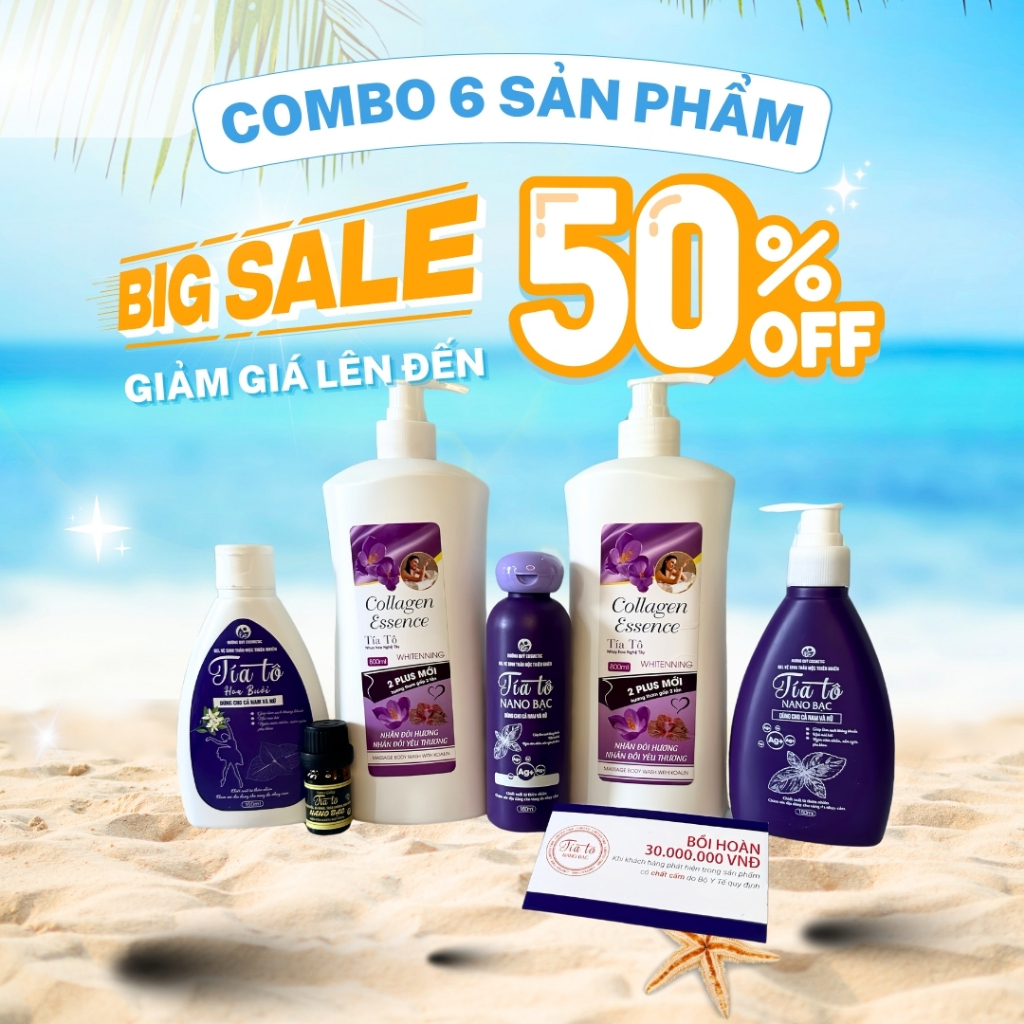 [Combo 6 sản phẩm] 2 chai sữa tắm tía tô collagen, 1 ddvs tía tô nano bạc, 1 ddvs hoa bưởi, 1 Tẩy da