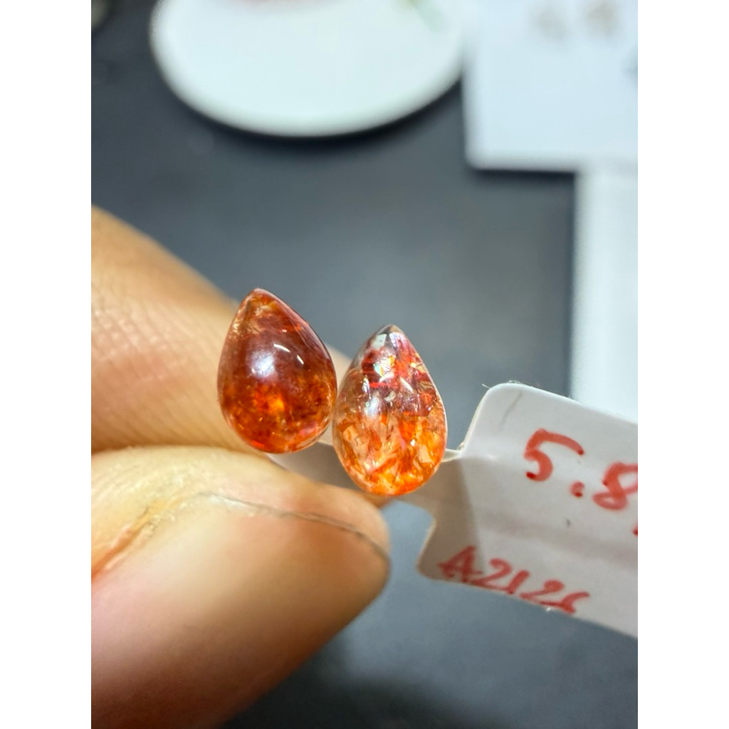 (A2126)Bông tai Sunstone giọt nước chất trong lửa mạnh khung bạc 925