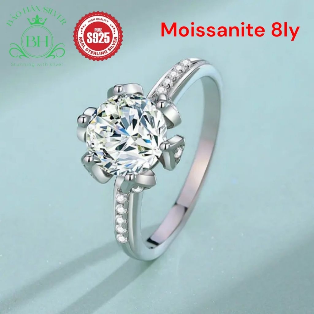 Moissanite 8ly 2 carat Nhẫn bạc nữ Moissanite nhẫn kim cương Moissanite bạc 925 nhẫn cầu hôn bạc nhẫ