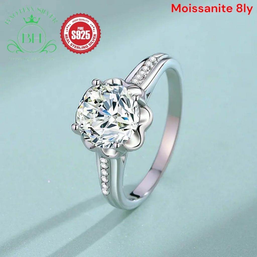 Moissanite 8ly 2carat Nhẫn bạc nữ Moissanite nhẫn kim cương Moissanite bạc 925 nhẫn cầu hôn bạc nhẫn