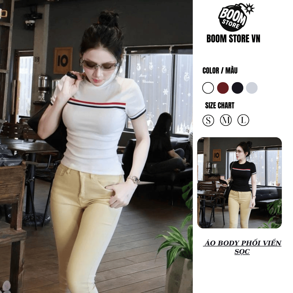 [BOZIP CHUẨN] Áo Thun Ôm body Có Phối Viền Sọc , Tạo Điểm  Nhấn Phong Cách Trẻ Trung .