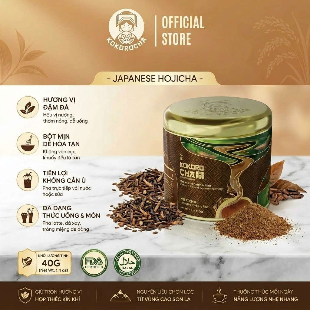 Bột Hojicha KOKOROCHA 40g | Bột Hojicha Trà Xanh Rang Ít Caffeine, Pha Hojicha Latte Thay Matcha | C