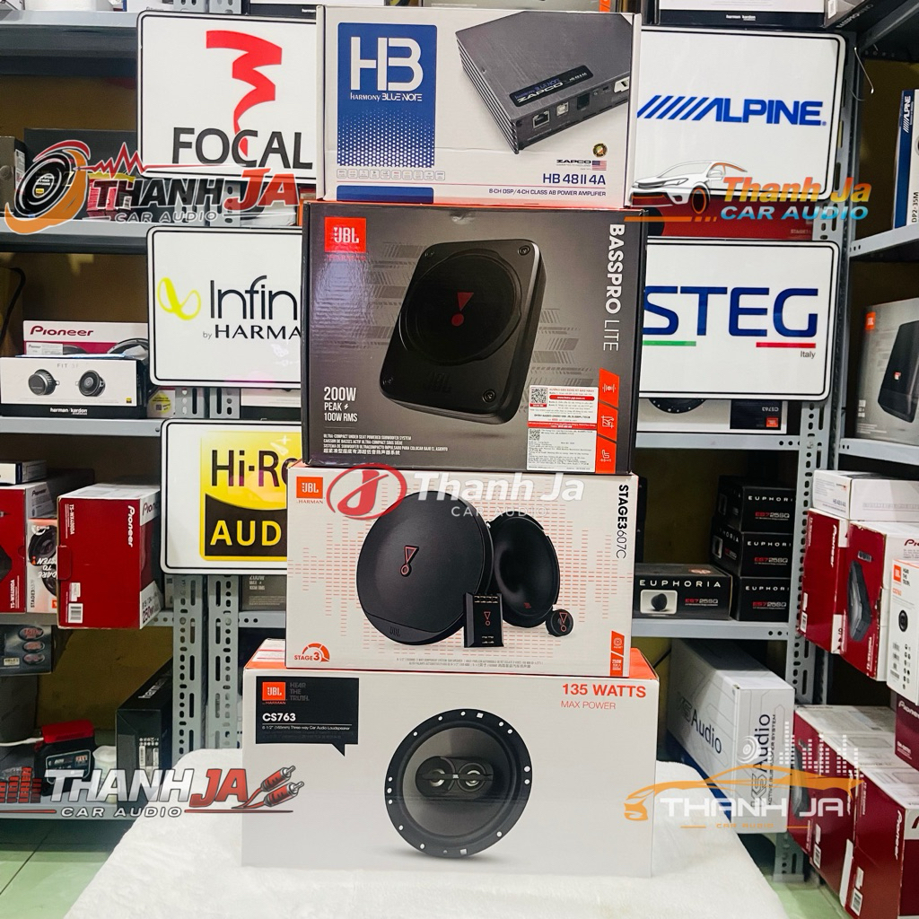 Jbl Basspro lite , Jbl Stage 3 607C, Jbl Cs 763, Amply DSP Zapco HB48 II 4A