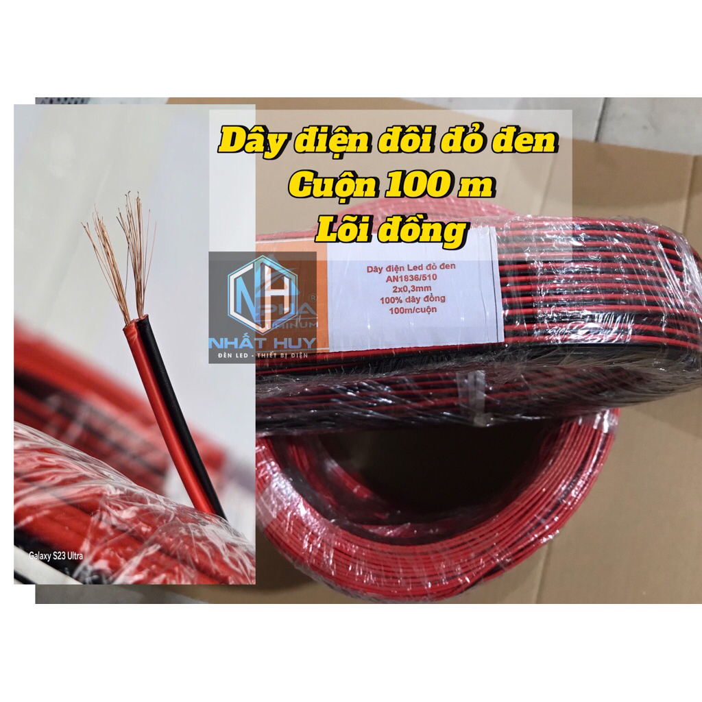 [ Cuộn 100m] Dây điện đôi Đỏ Đen, ruột Đồng, cuộn dài 100m, dùng cho Led, quảng cáo,…
