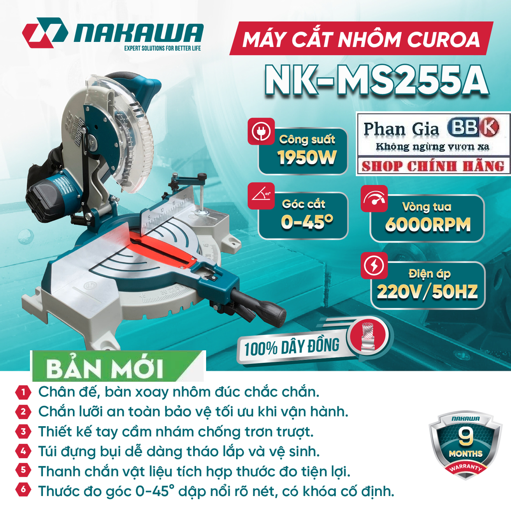 MÁY CẮT NHÔM NAKAWA 255mm NK-MS255A CHẠY DÂY CUROA 1950W - 100% DÂY ĐỒNG - BẢO HÀNH 12 THÁNG