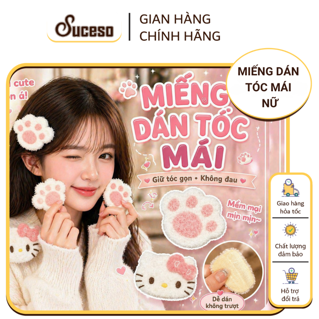 Miếng Dán Tóc Mái Nữ Hình Bàn Chân Mèo Dễ Thương Dán Tóc Bông Mềm Giữ Tóc Gọn Không Đau SUCESO
