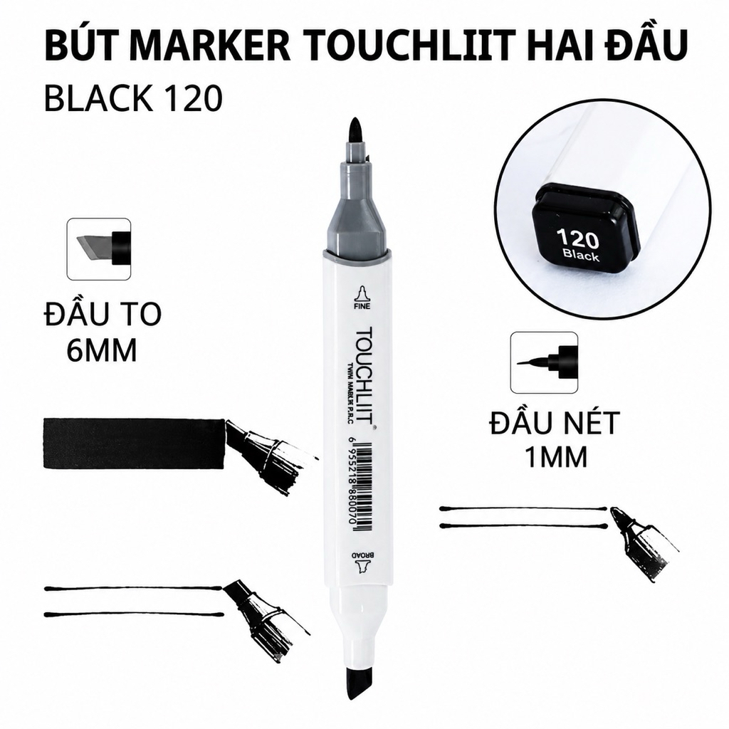 Bút Marker TOUCHLIIT Hai Đầu Màu Đen 120 – Bút Dạ Marker Vẽ Chuyên Nghiệp