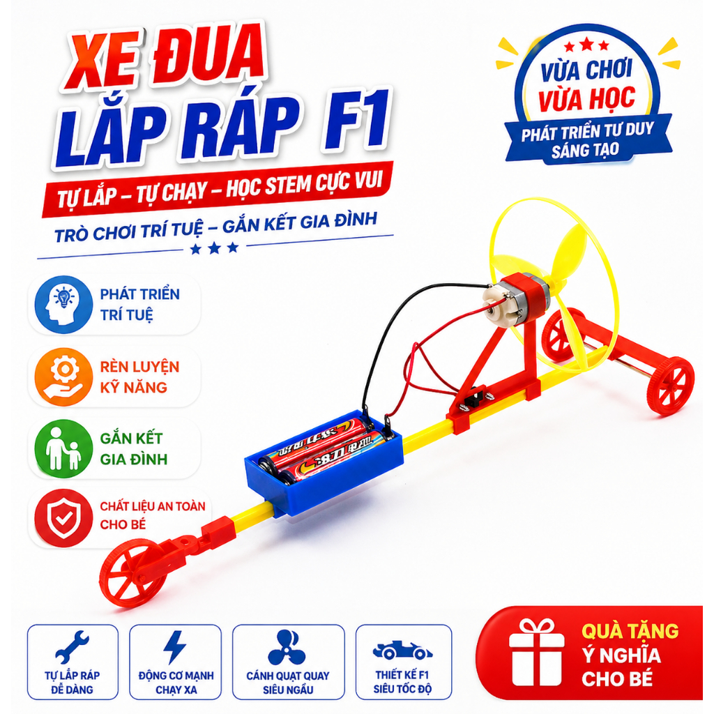 Tặng PIN Đồ Chơi Xe Đua Lắp Ráp F1 Chạy Pin Cho Bé, Bộ Kit STEM Giáo Dục Tự Lắp Tự Chạy Siêu Vui