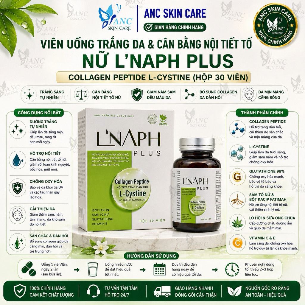 Viên Uống Giúp Trắng Da Cân Bằng Nội Tiết Tố Nữ L’Naph Plus Collagen Peptide L-Cystine (Hộp 30 Viên)