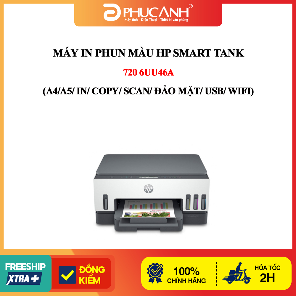 Máy in phun màu HP Smart Tank 720 6UU46A (A4/A5/ In/ Copy/ Scan/ Đảo mặt/ USB/ WIFI)