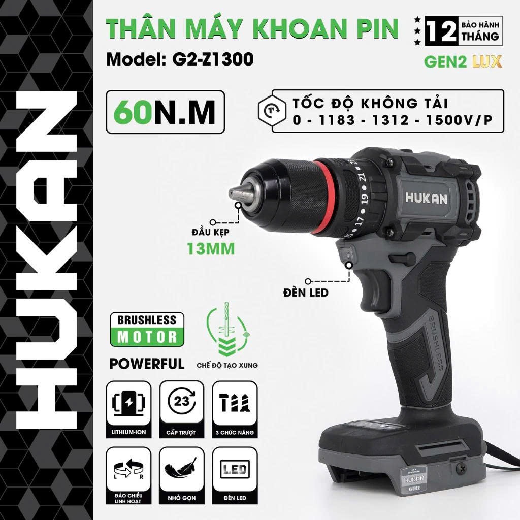 Thân máy khoan pin HUKAN G2-Z1300, Không chổi than, 60Nm