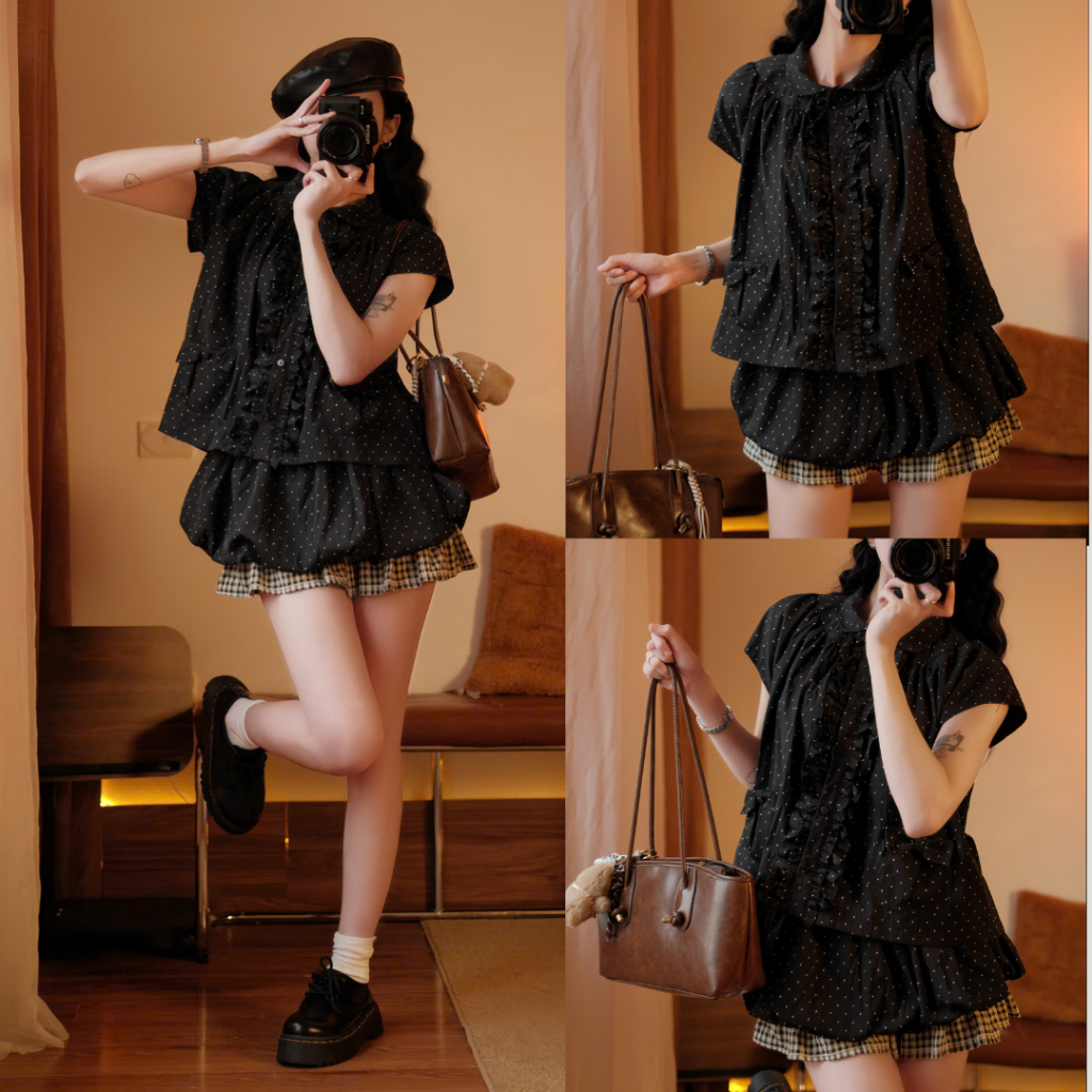 Set Áo Babydoll Chấm Bi Nữ Mix Chân Váy Bí Dáng Xinh, Set Đồ Tiểu Thư Dễ Thương Đi Chơi Đi Dạo 247Store Set2050 | BigBuy360 - bigbuy360.vn