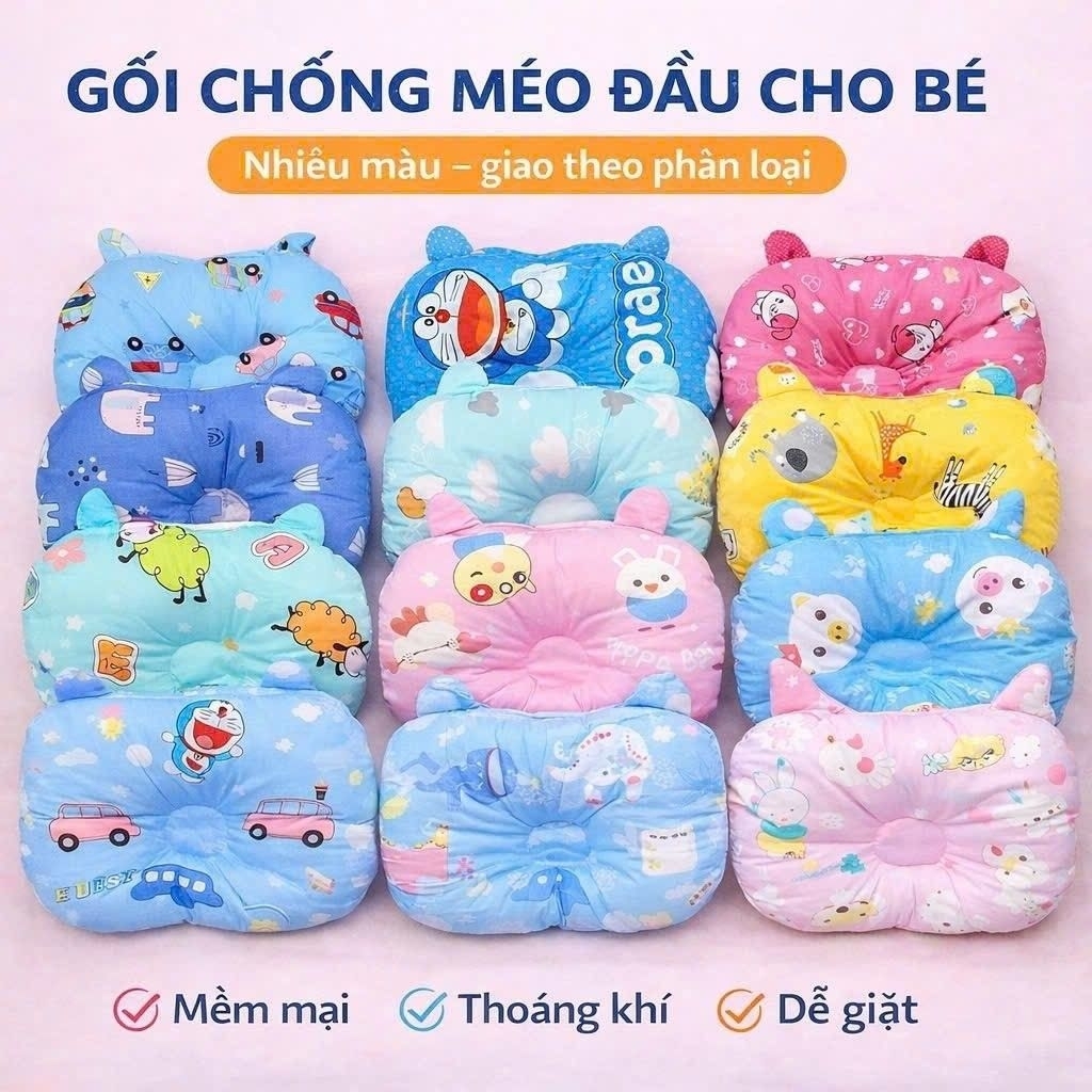 Gối Lõm Cotton Vải Thô Lụa Hàn Cho Bé Sơ Sinh