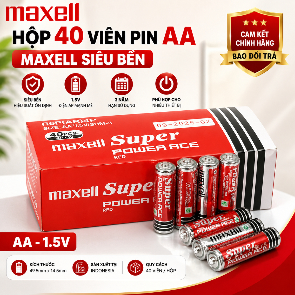 Hộp 40 viên Pin Maxell AA (Pin Tiểu) Maxell Siêu Bền - CAM KẾT CHÍNH HÃNG BAO ĐỔI TRẢ