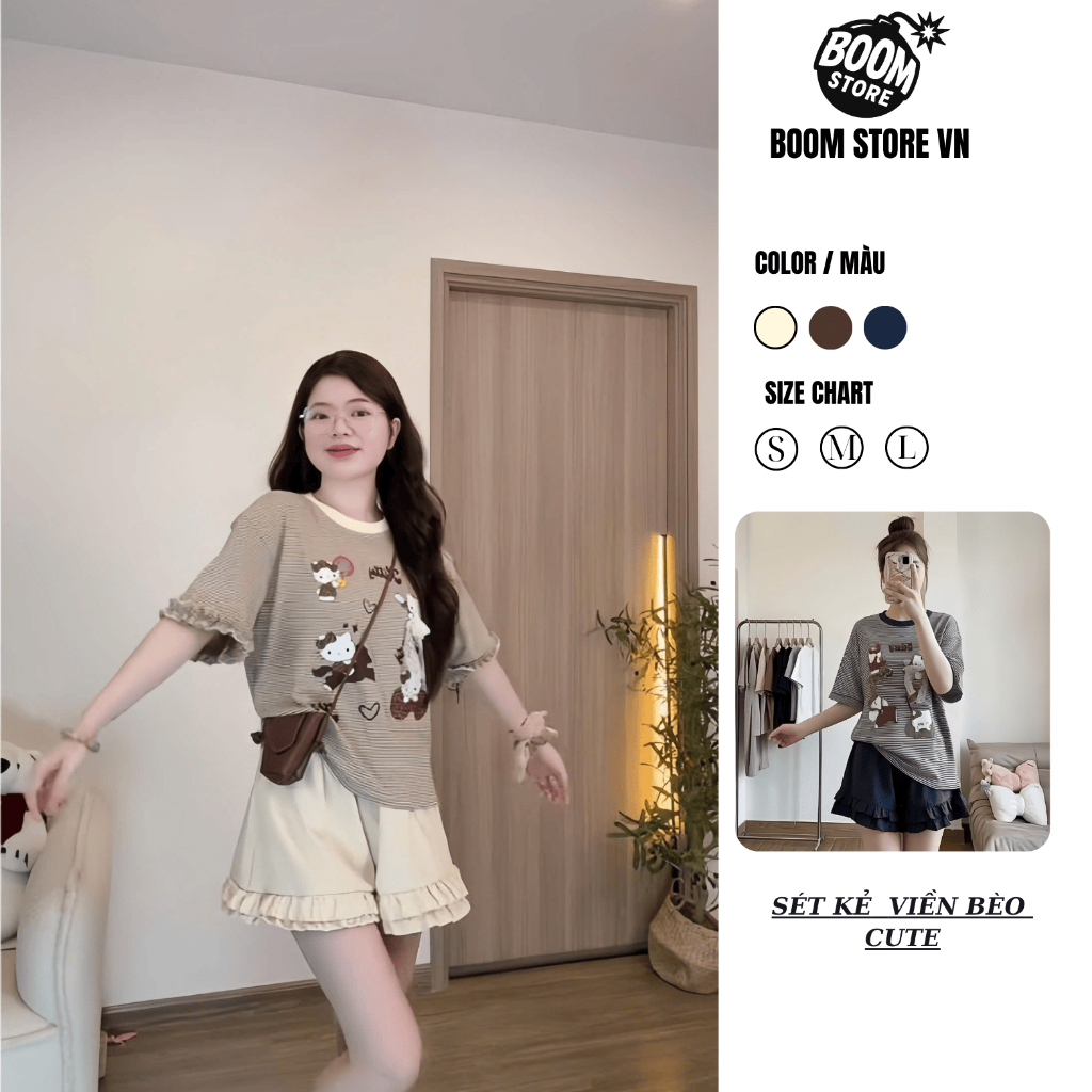 [TẶNG CHUN BUỘC TÓC] Set Bộ Áo Thun Kẻ Hoa Tiết Dễ Thương Mix Quần Bèo Cute Đáng Yêu – BY BOOM STORE