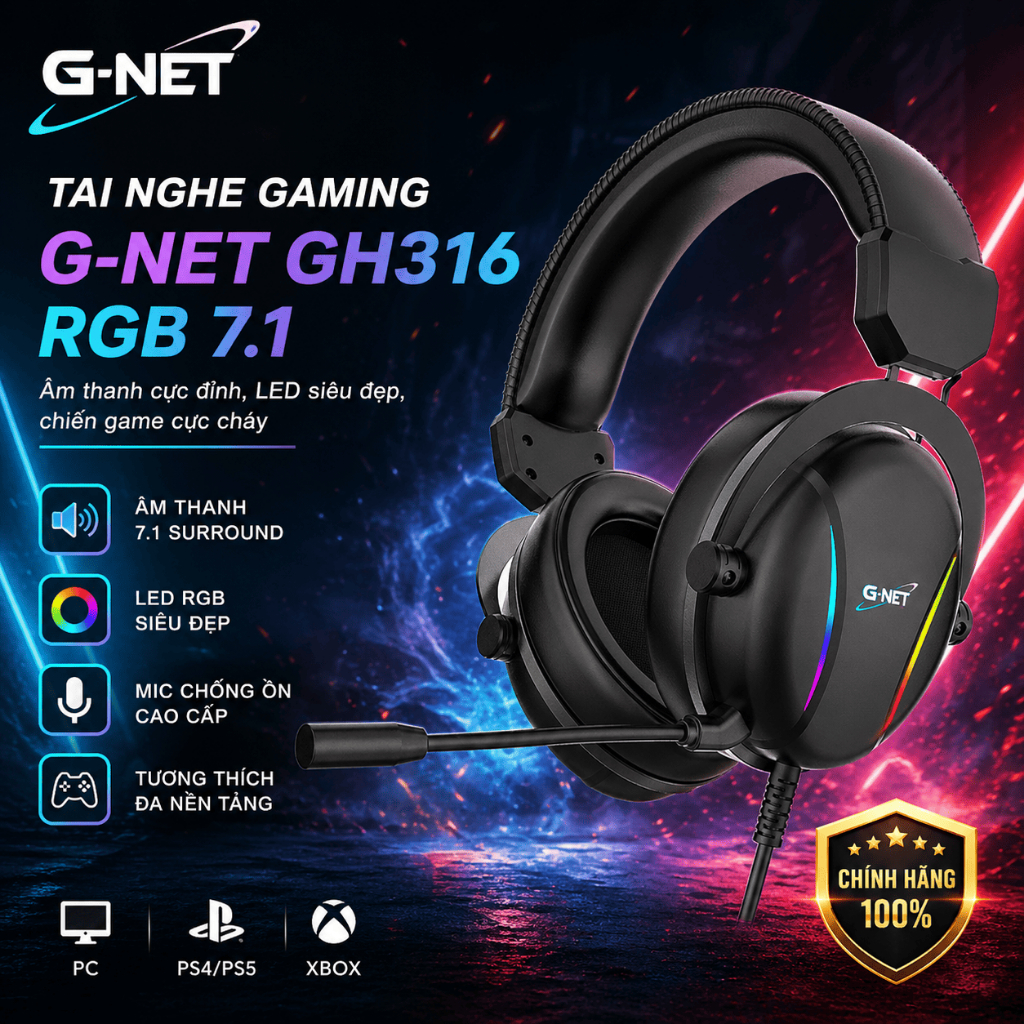 Tai nghe gaming G-NET GH316 RGB 7.1 chính hãng – Âm thanh cực đỉnh, LED siêu đẹp, chiến game cực chá