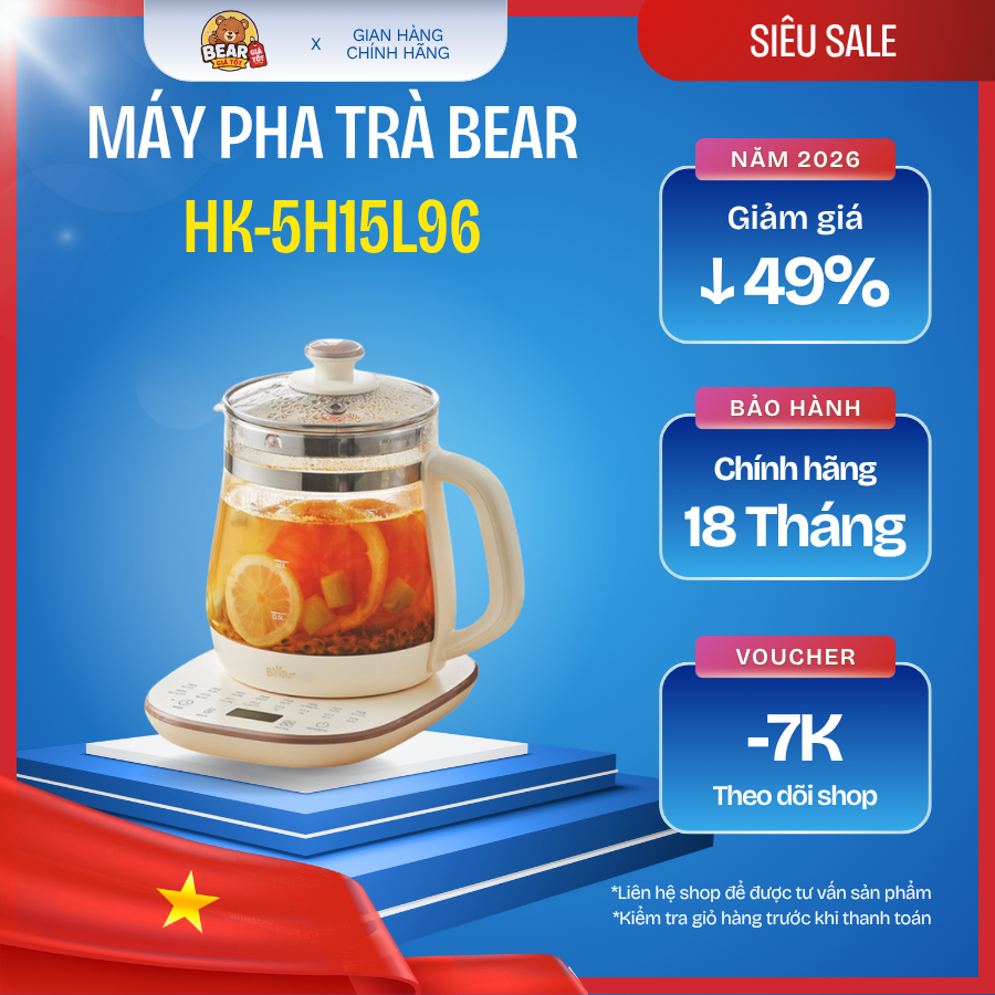 Máy pha trà Bear 1.5L HK-5H15L96 - Bear Giá Tốt - Bảo hành 18 tháng & sử dụng 30 ngày đầu có lỗi đổi