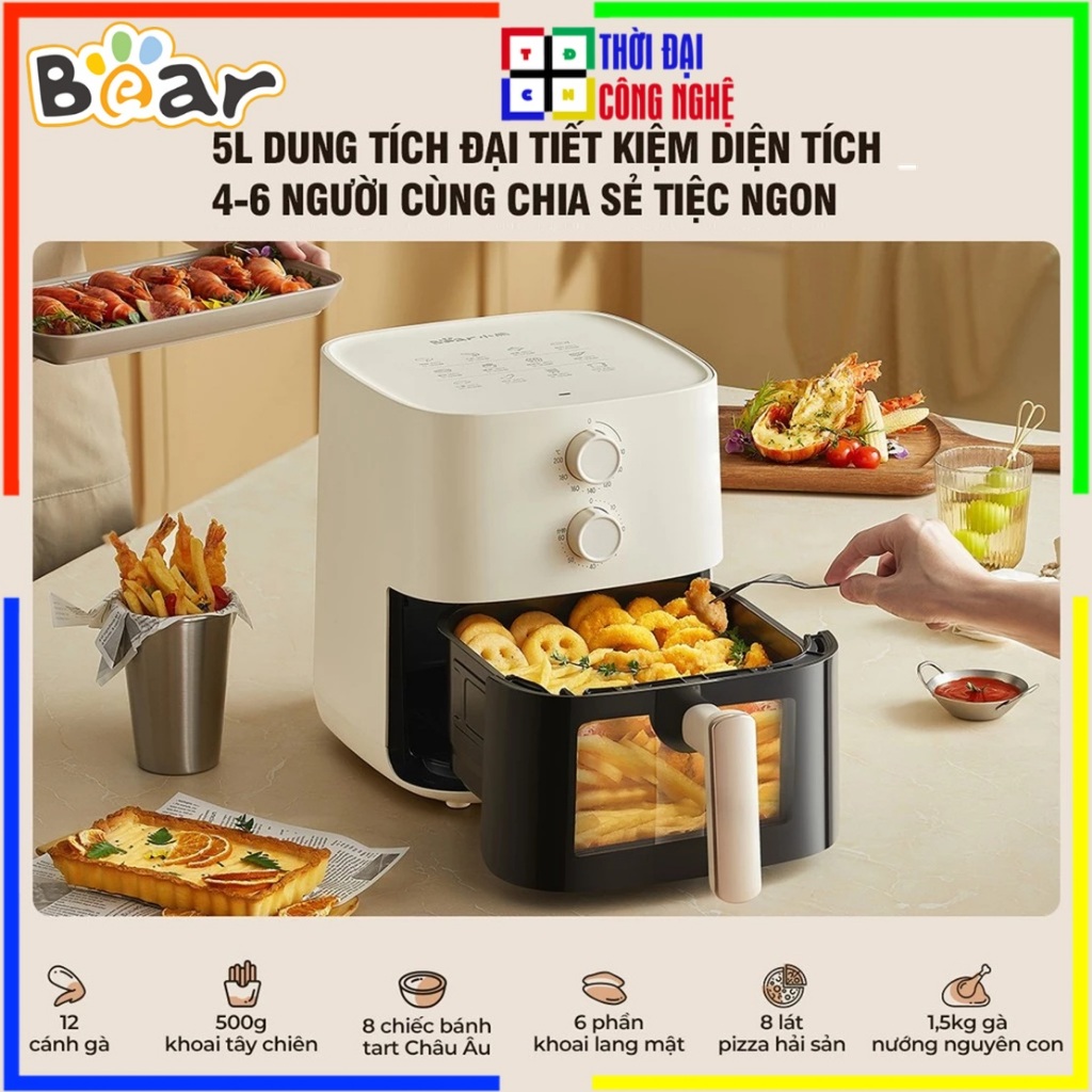 Nồi Chiên Không Dầu Bear 5L AF-4H15K (QZG-J15M1) - Công Nghệ Chiên Đối Lưu, Nướng Gà Nguyên Con - Bả
