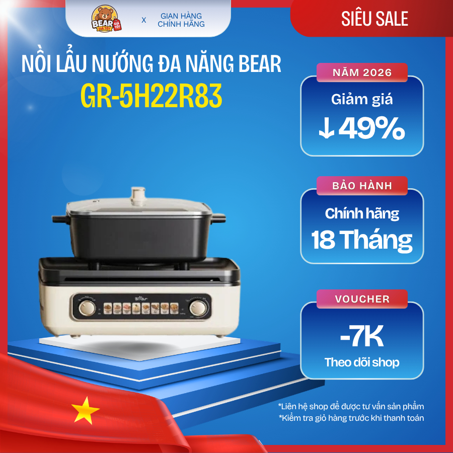 Nồi lẩu nướng đa năng Bear GR-5H22R83 - Bear Giá Tốt - Bảo hành 18 tháng & sử dụng 30 ngày đầu có lỗ