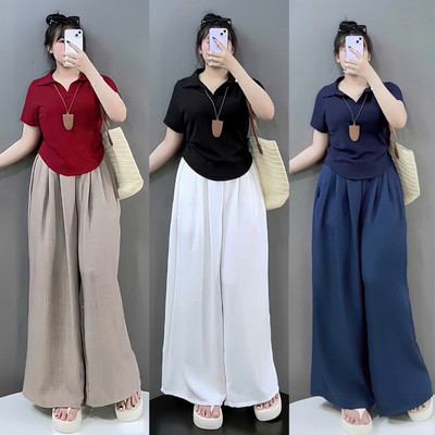 SET Bộ Áo Quần Bigsize Nữ Áo Polo Kèm Quần Đũi Vân Mây Nữ Tính Thanh Lịch G120 + Q564