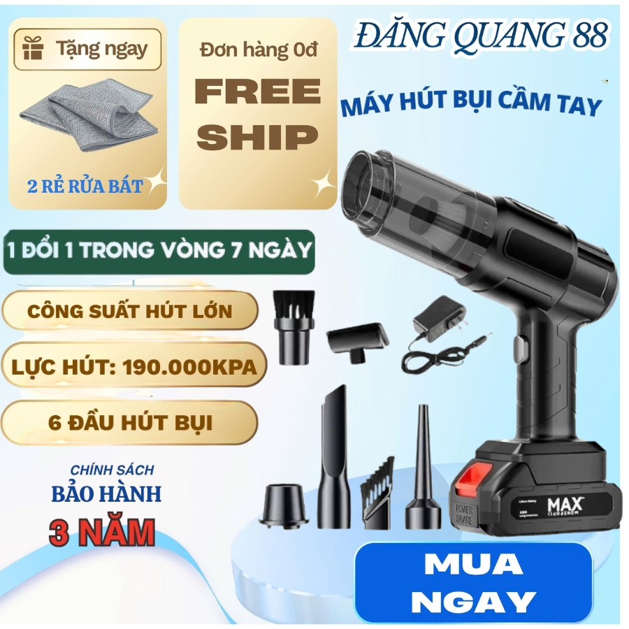 Máy Hút Bụi Cầm Tay Hot 2026, Công suất Lớn, Lực Hút 128.000 Pa, Chân Pin Phổ Thông 4cm Tiện Lợi Và Đa Năng