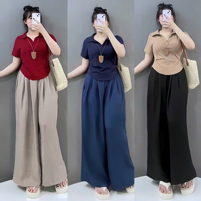 SET  Áo Quần Bigsize Nữ Thanh Lịch Áo Polo Dáng Ôm Kèm Quần Đũi Vân Mây Cho Chubby G120 + Q564