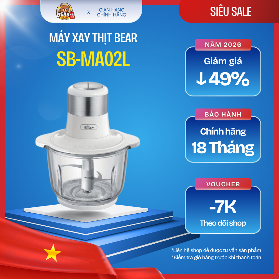 Máy xay thịt Bear SB-MA02L 2L xay đa năng thịt cá rau củ lưỡi dao sắc mạnh bảo hành 18 tháng