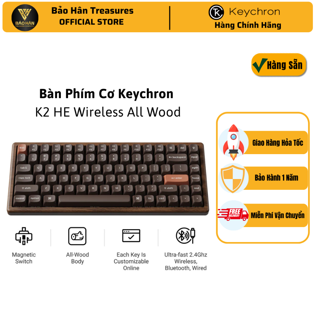 Bàn Phím Cơ Không Dây Keychron K2 HE Wireless Magnetic Switch Custom Keyboard - All-Wood Special Edi