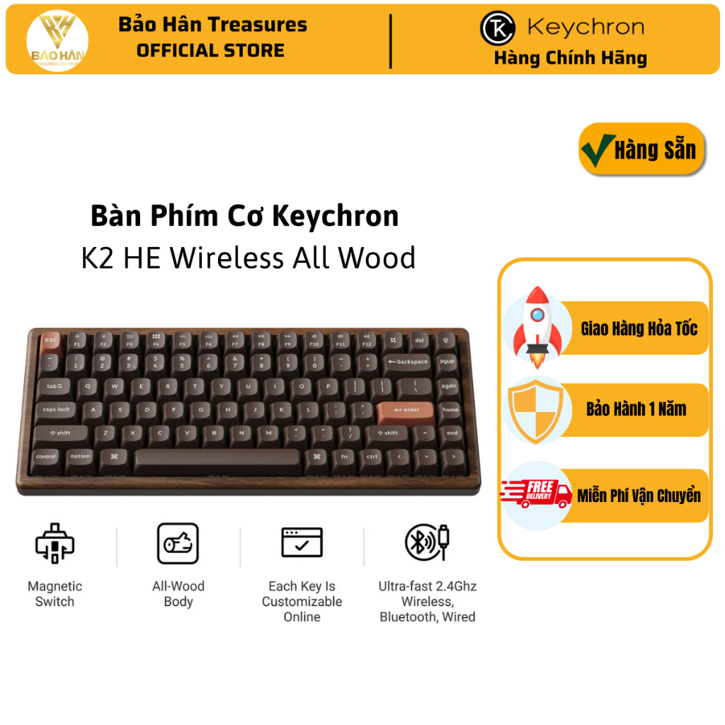 Bàn Phím Không Dây Keychron K2 HE All-Wood Special Edition Wireless Magnetic Switch Custom Keyboard 