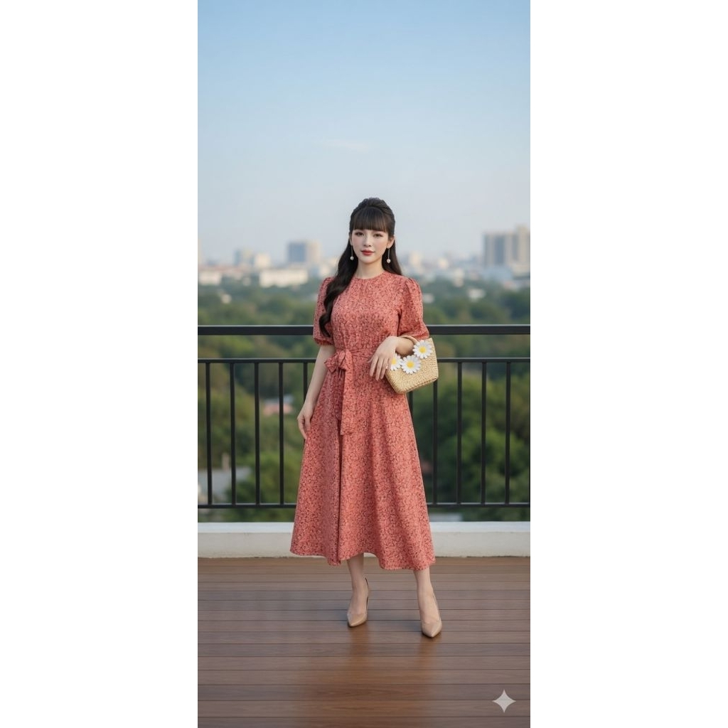 Đầm xòe hoa nhí li ngực bo chun tay Monoco sz S,XL