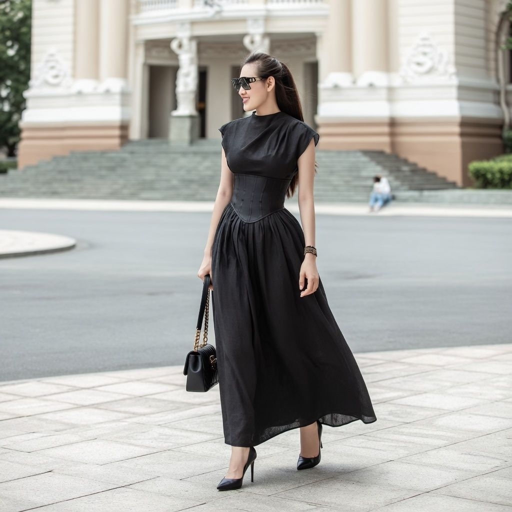 Đầm maxi xòe tơ 2 lớp siết eo Monoco sz S