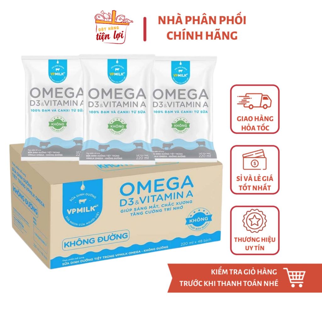 Sữa Dinh Dưỡng Tiệt Trùng VPMilk Omega Bịch 220ml - Vị Không Đường