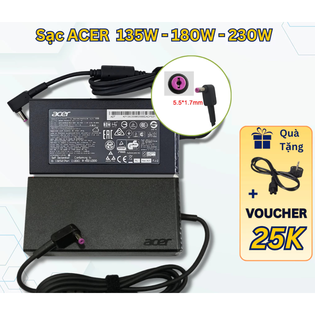 Sạc Laptop ACER 19V 135W 180W 230W cho Laptop Acer Nitro 5, Aspire 7,  Acer Predator BH 12 tháng