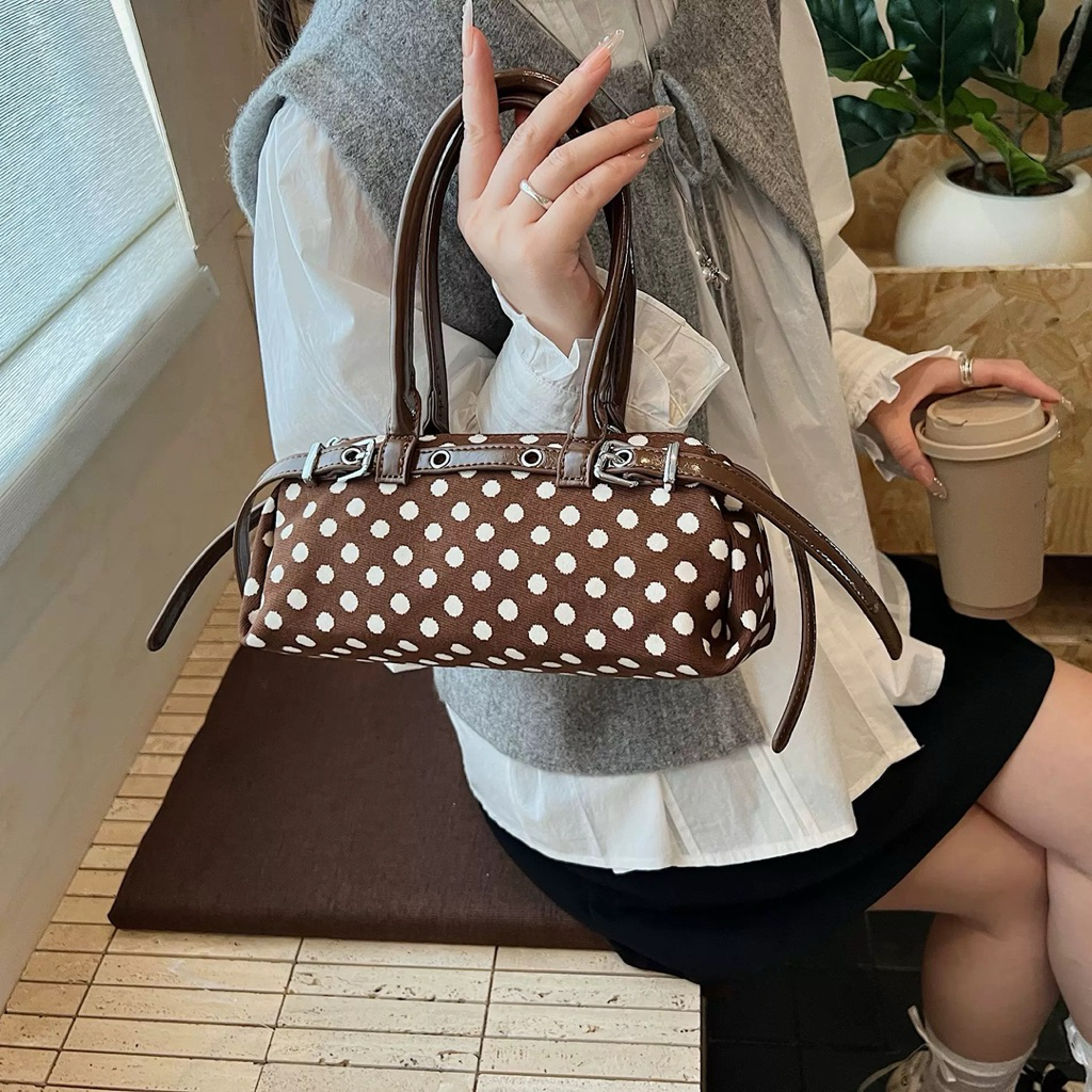 YUMI-Túi xách chấm bi dáng trụ vintage – quai cứng thanh lịch